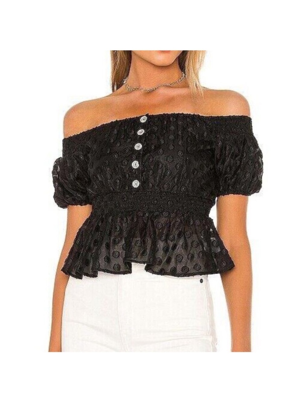 Majorelle Revolve Otto Off Shoulder Black Dotted Button Blouse